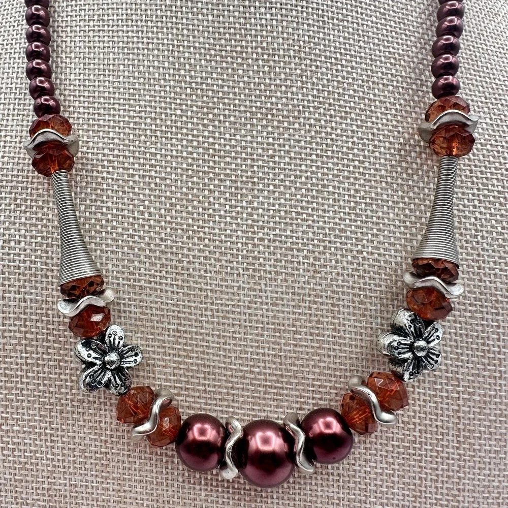 Vintage 90s Silver Tone Faux Pearl Beaded Necklace Boho Women's Classic Jewelry